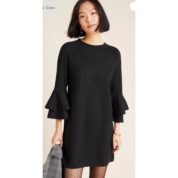 Anthropologie Dresses & Skirts - Anthropologie Claudett Knit Sweater Black Shimmer Ruffle Sleeve Mini Dress Large